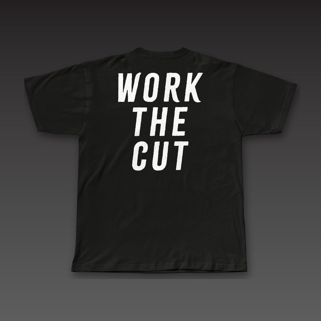Big Back Tee in black, Work the Cut across the full back
