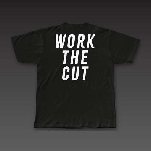 Big Back Tee in black, Work the Cut across the full back