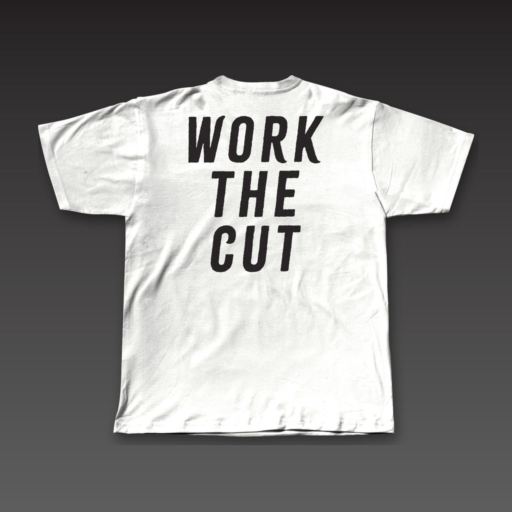 Big Back Tee in white, Work the Cut across the full back