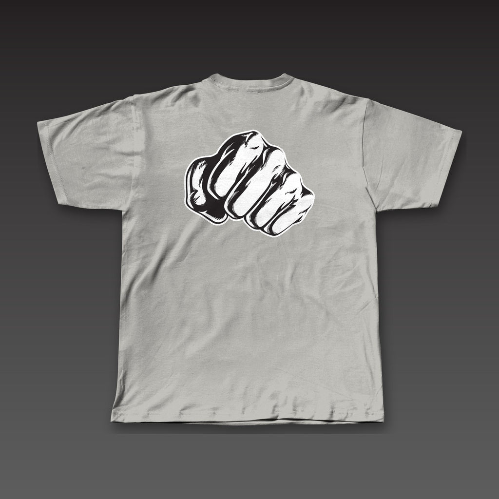 Big Fist Tee in athletic grey, a single fist across the full back