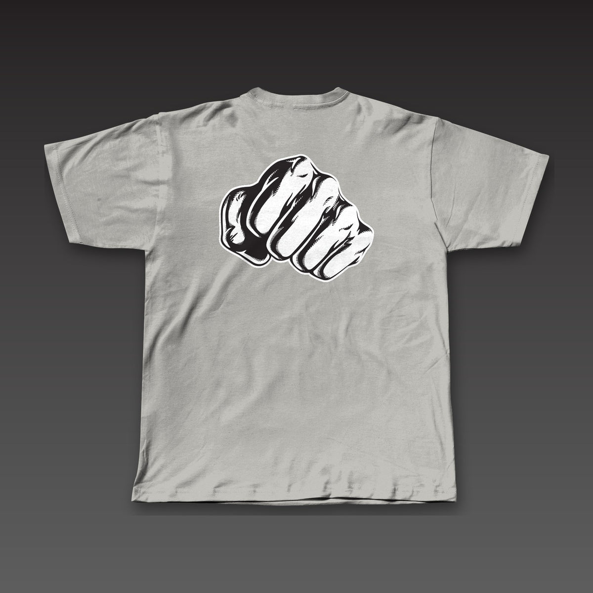 Big Fist Tee in athletic grey, a single fist across the full back