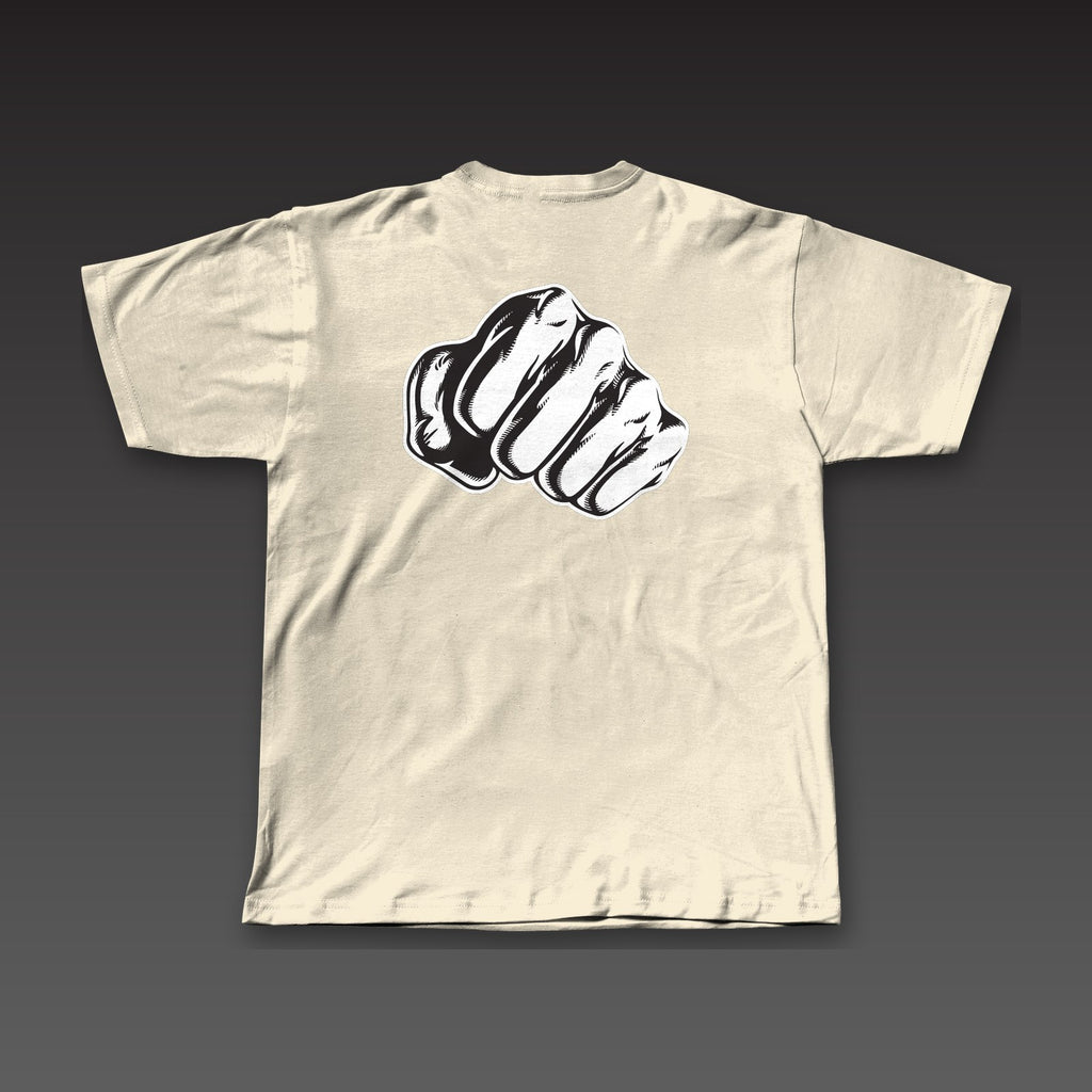 Big Fist Tee in oatmeal, a single fist across the full back