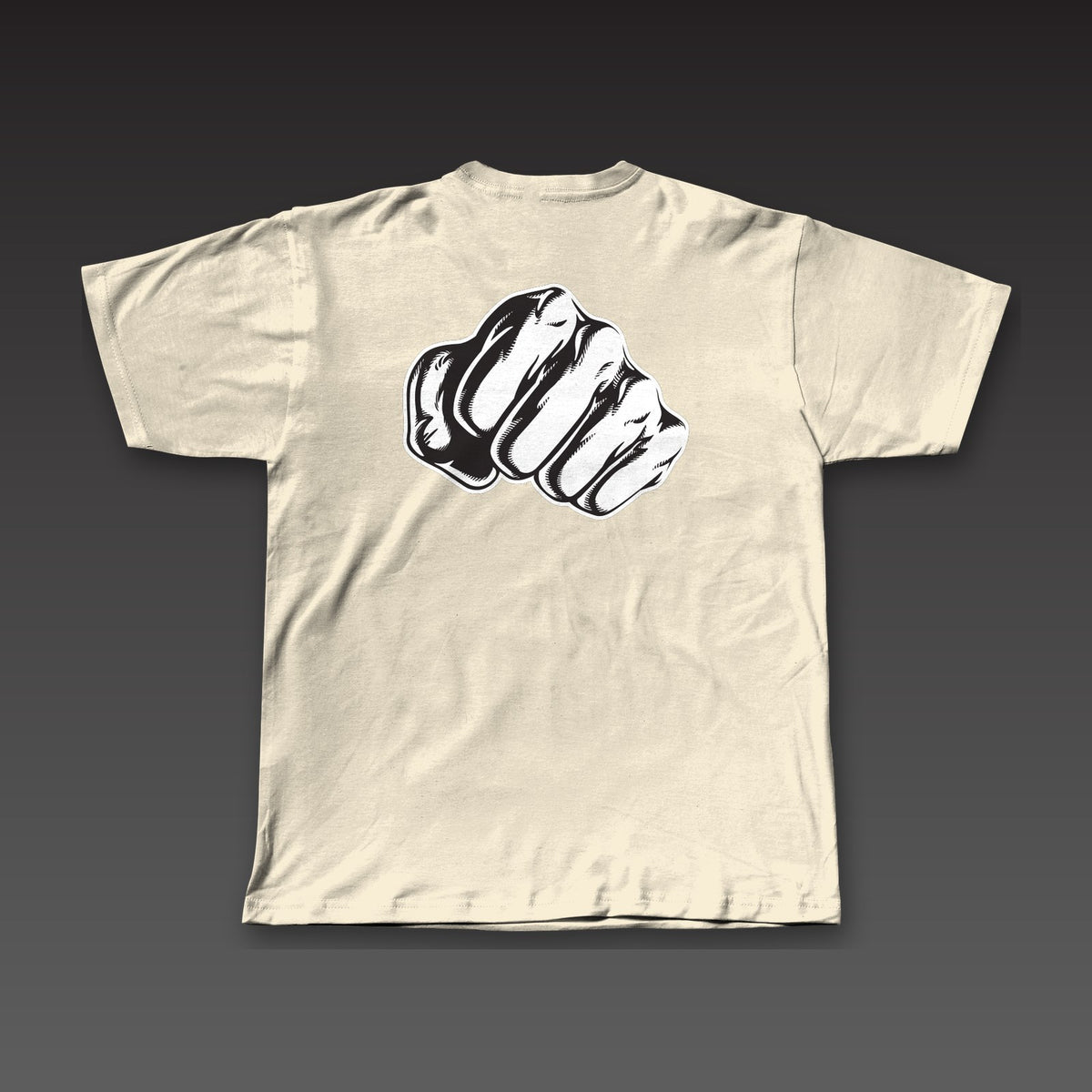 Big Fist Tee in oatmeal, a single fist across the full back