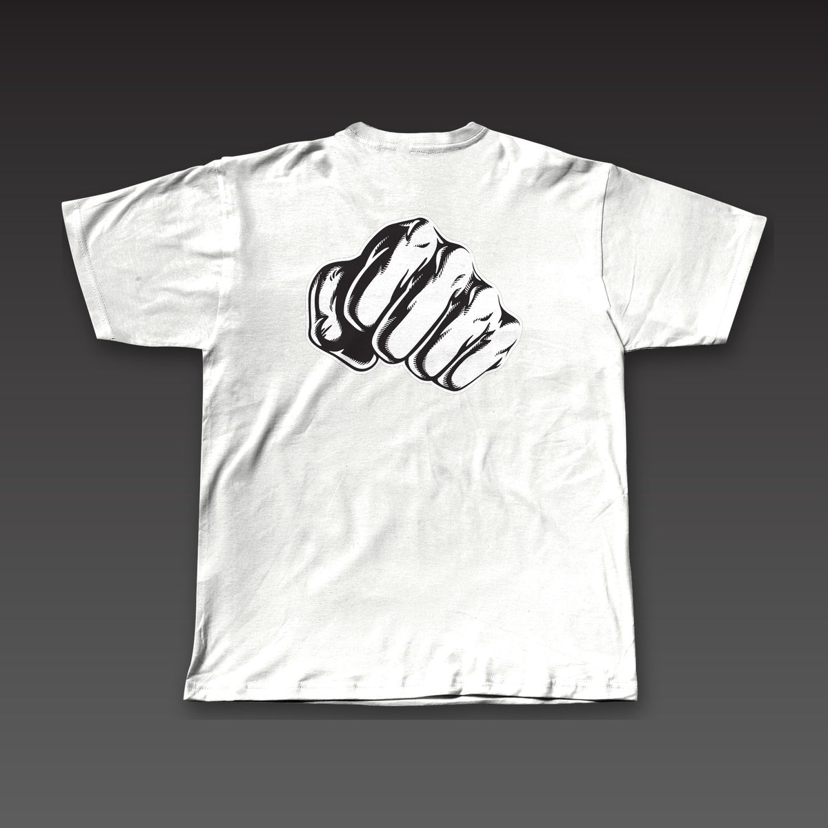 Big Fist Tee in white, a single fist across the full back