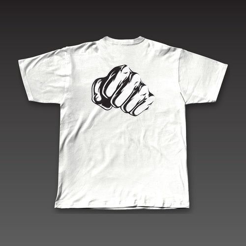 Big Fist Tee in white, a single fist across the full back