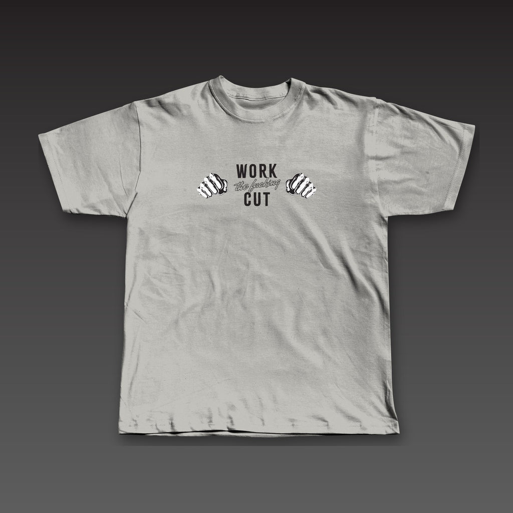 Both Hands Tee in athletic grey, two fists with the full phrase across the chest