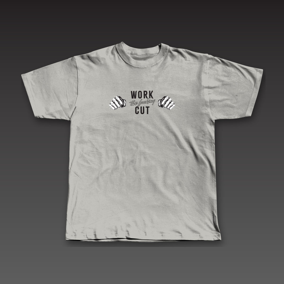 Both Hands Tee in athletic grey, two fists with the full phrase across the chest