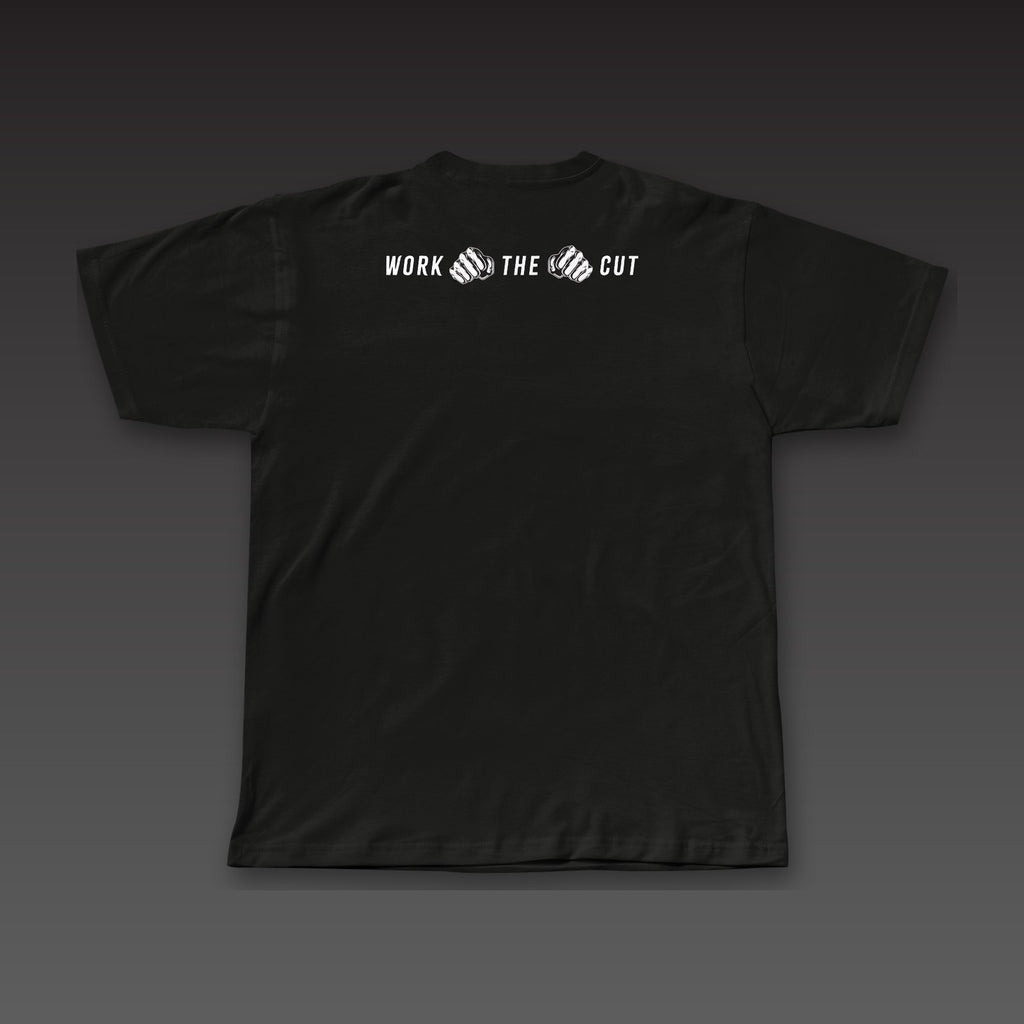 Both Hands Tee in black, Work the Cut in a row with fists below the collar