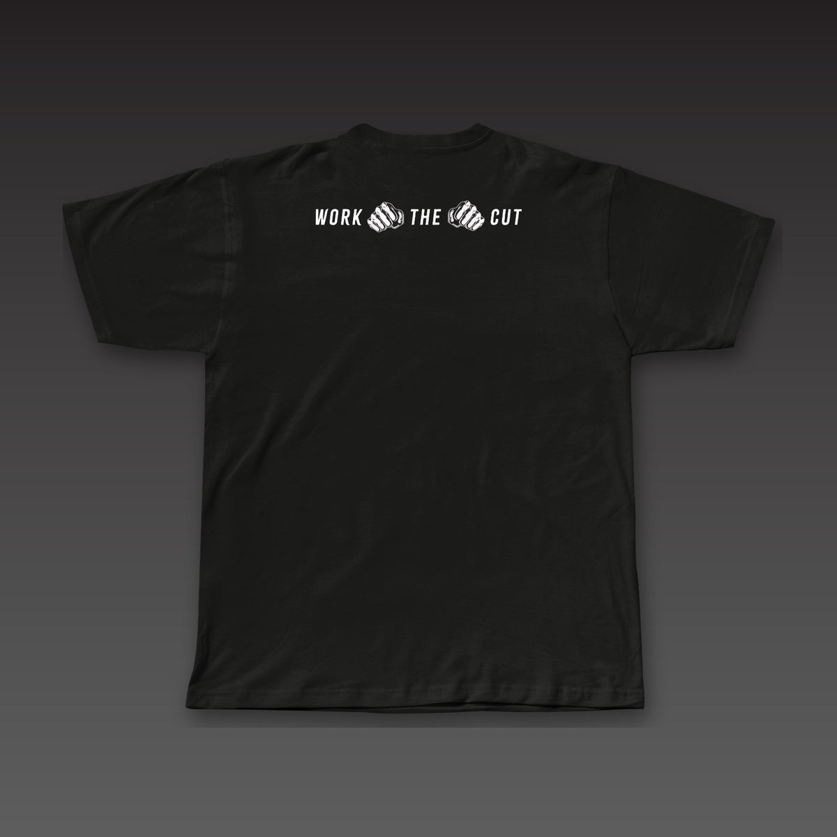 Both Hands Tee in black, Work the Cut in a row with fists below the collar