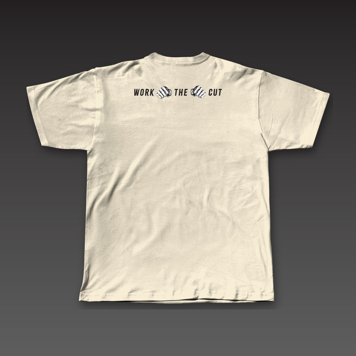 Both Hands Tee in oatmeal, Work the Cut in a row with fists below the collar