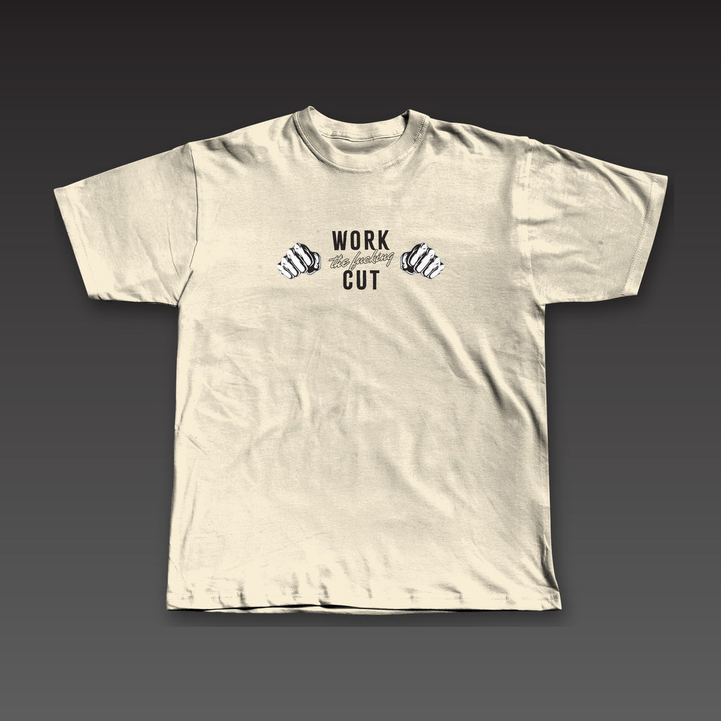 Both Hands Tee in oatmeal, two fists with the full phrase across the chest