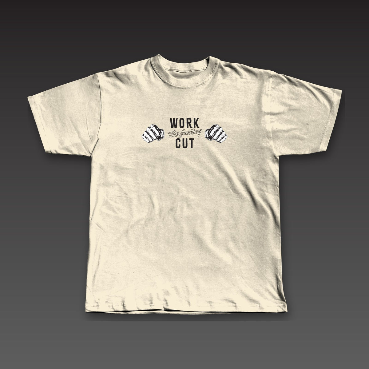 Both Hands Tee in oatmeal, two fists with the full phrase across the chest