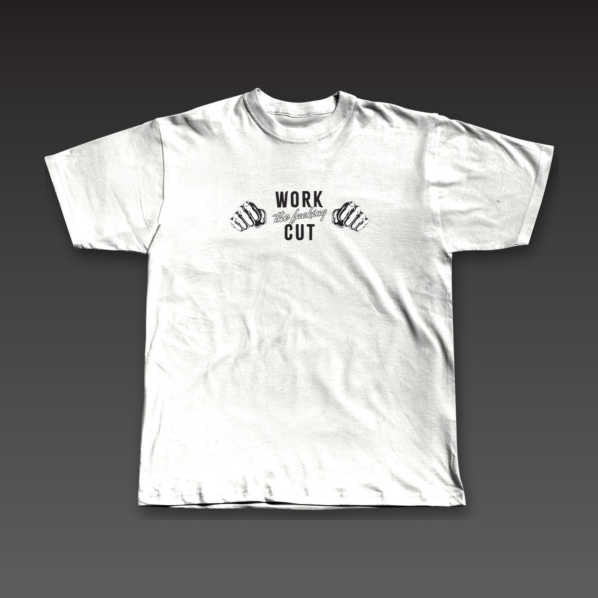 Both Hands Tee in white, two fists with the full phrase across the chest