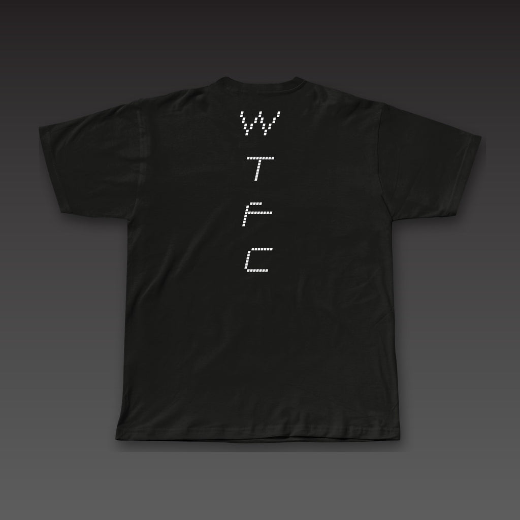 Drone Tee in black, dotted WTFC running down the back