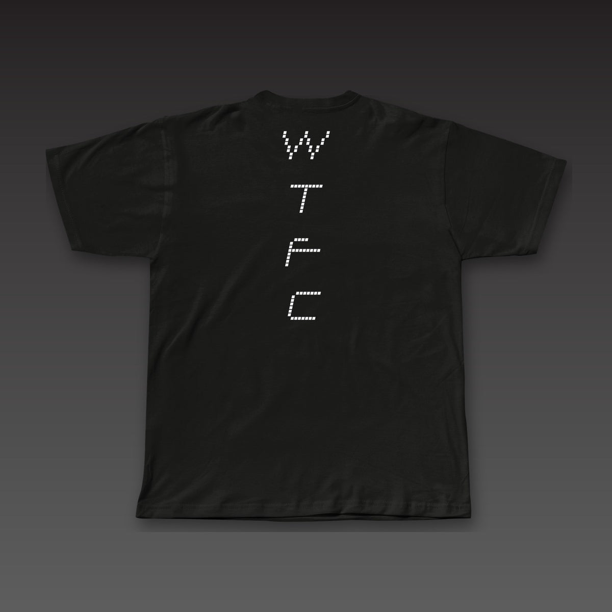 Drone Tee in black, dotted WTFC running down the back