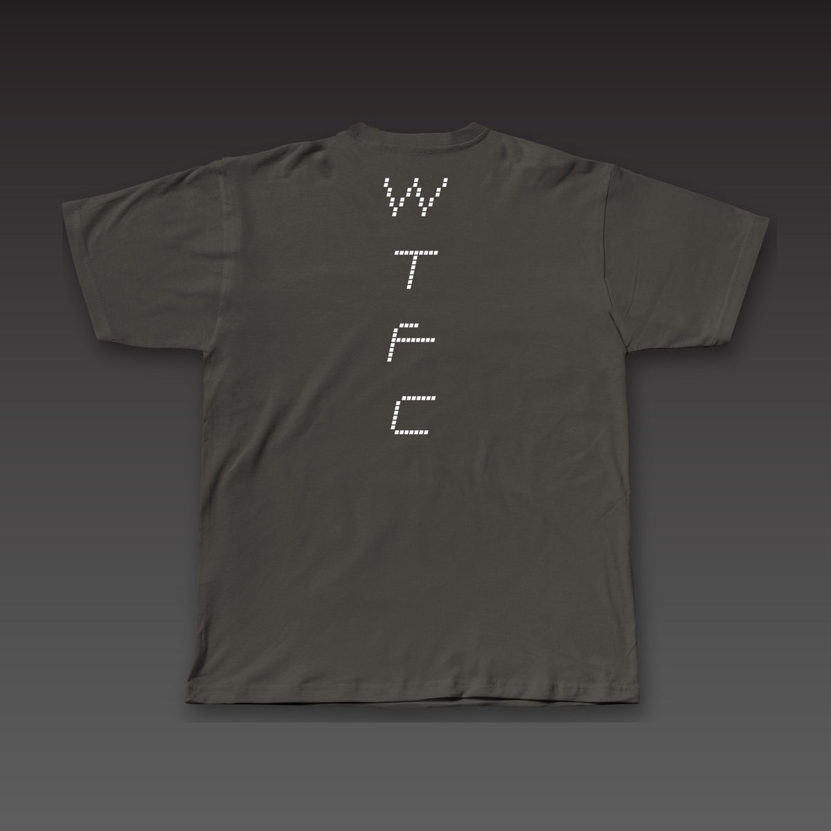 Drone Tee in charcoal black, dotted WTFC running down the back
