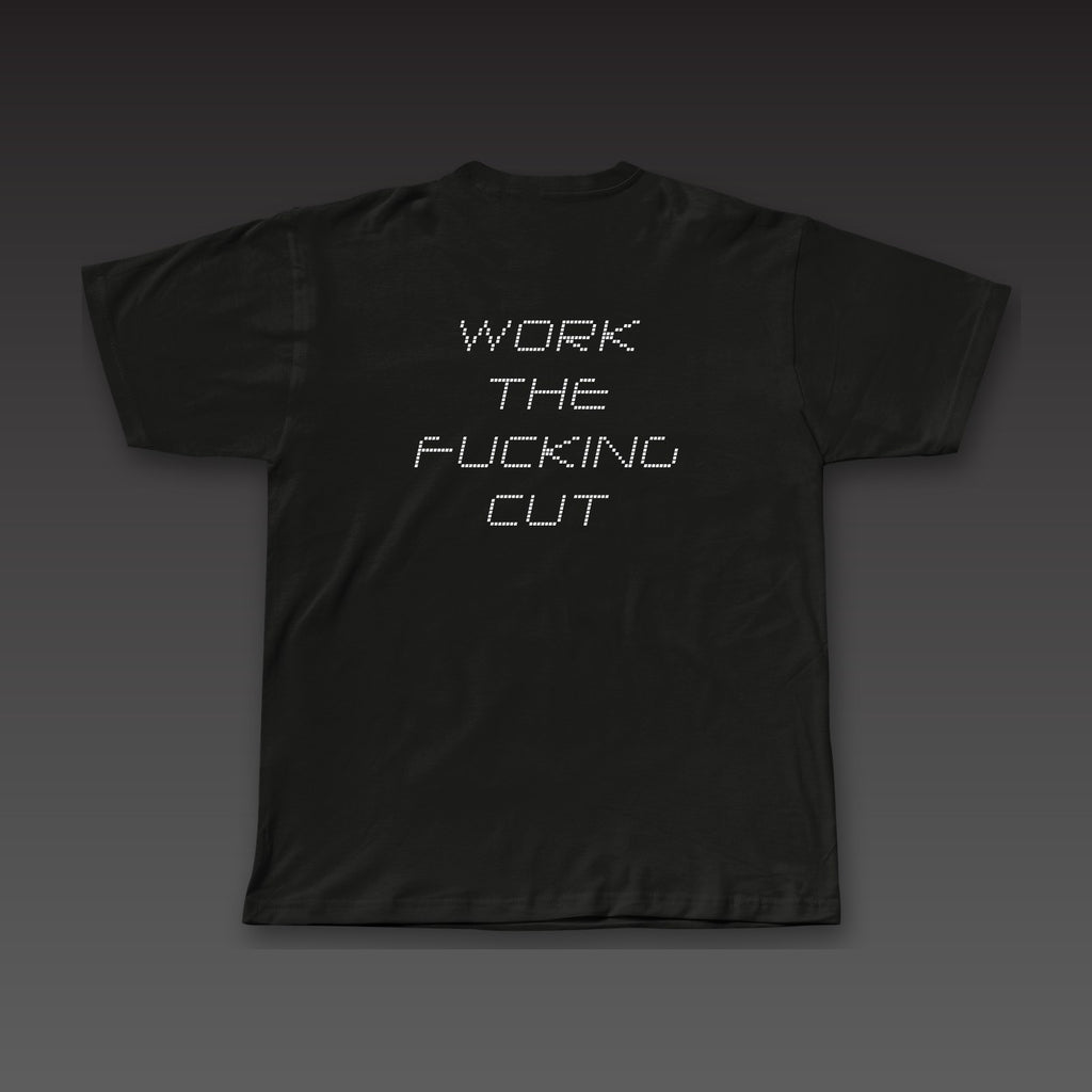 Drone Stack Tee in black, the full phrase stacked in dotted letters across the back