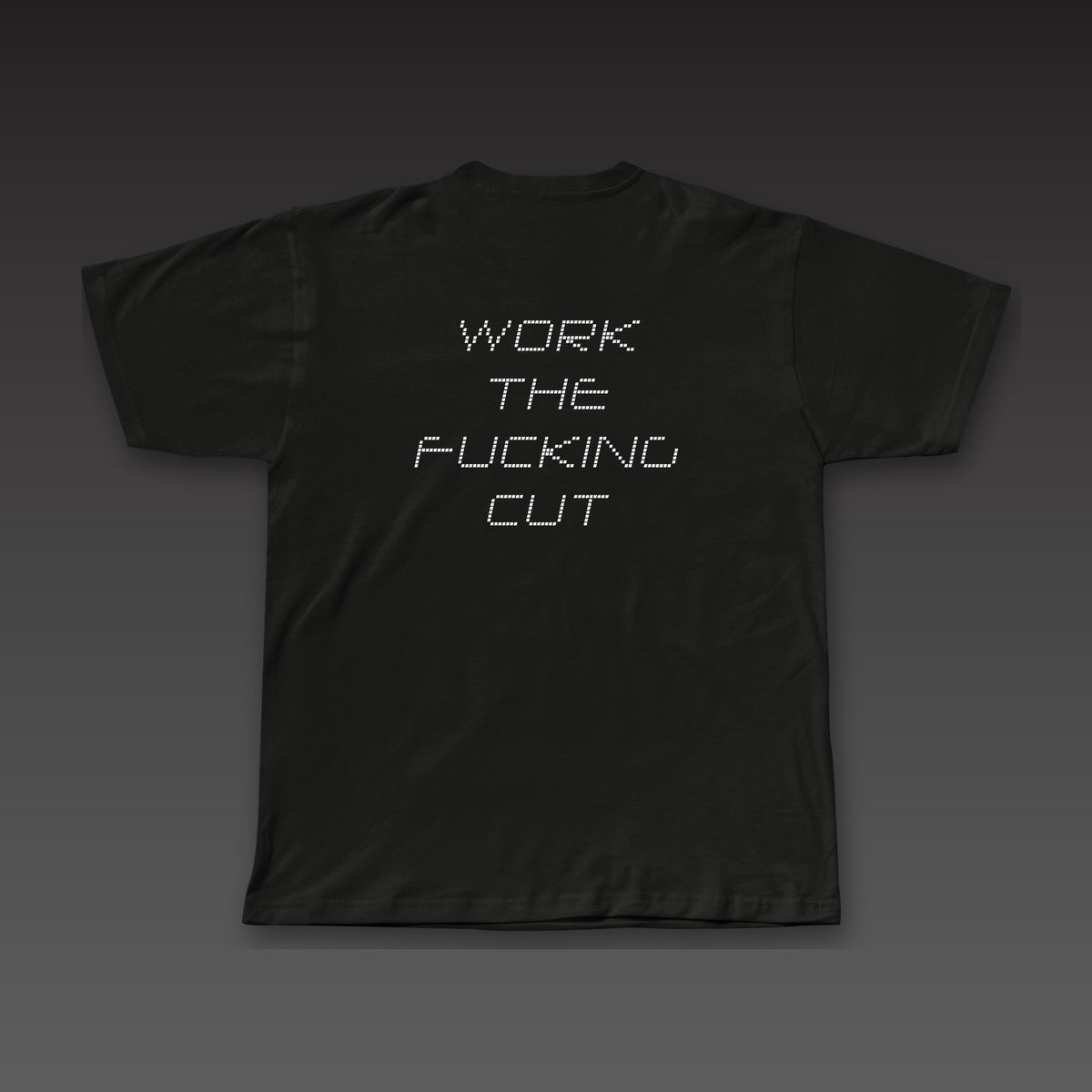 Drone Stack Tee in black, the full phrase stacked in dotted letters across the back