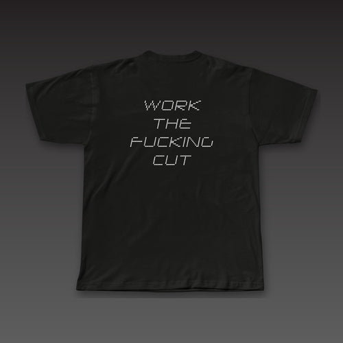 Drone Stack Tee in black, the full phrase stacked in dotted letters across the back