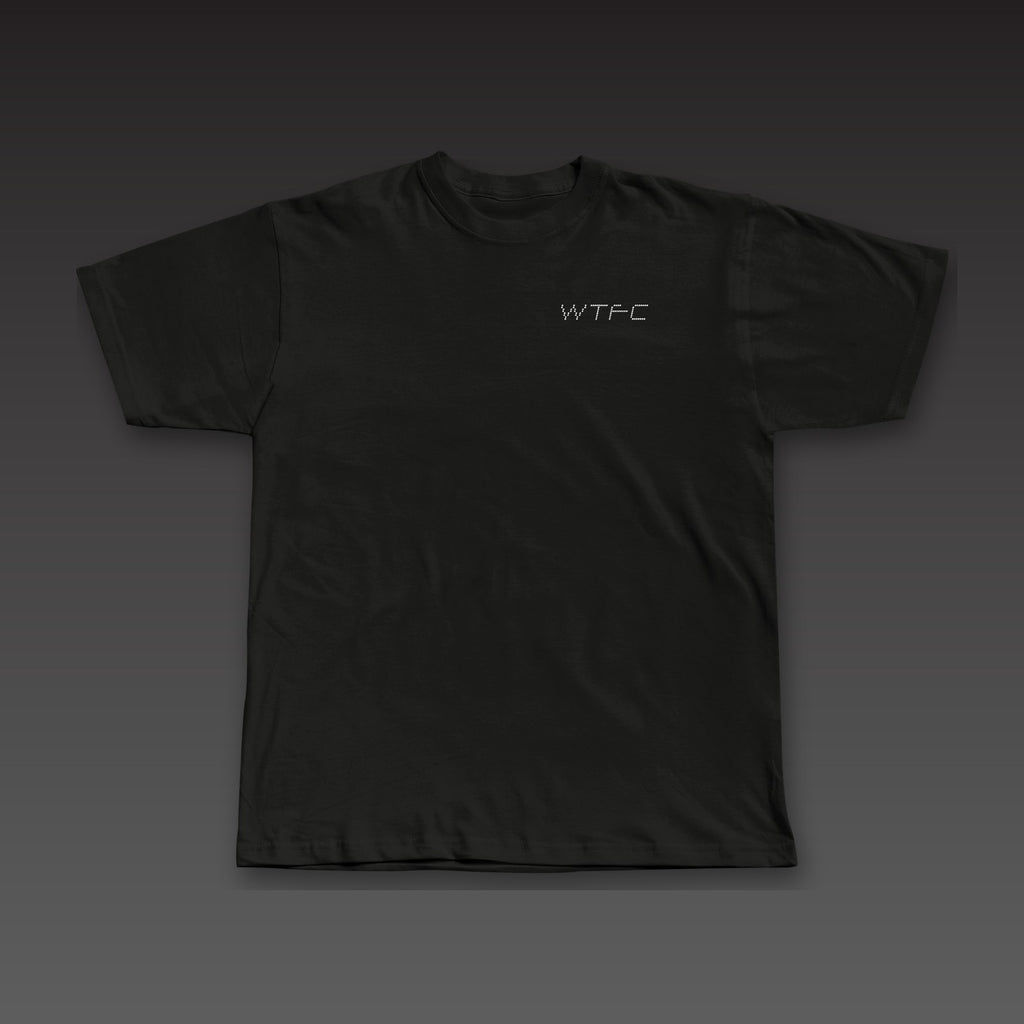 Drone Stack Tee in black, dotted WTFC on the left chest