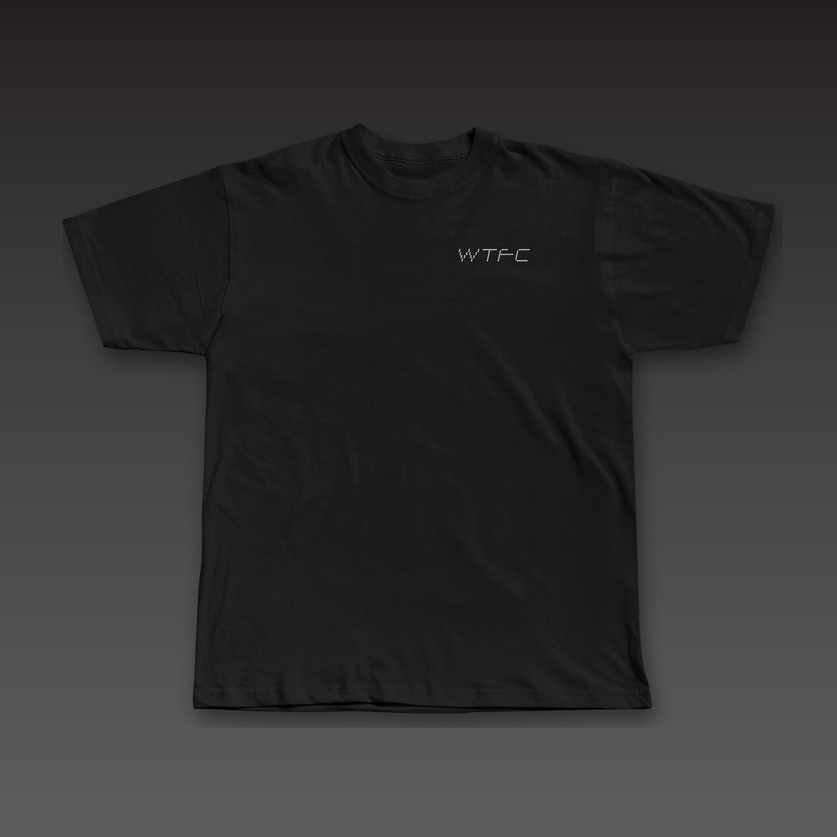 Drone Stack Tee in black, dotted WTFC on the left chest