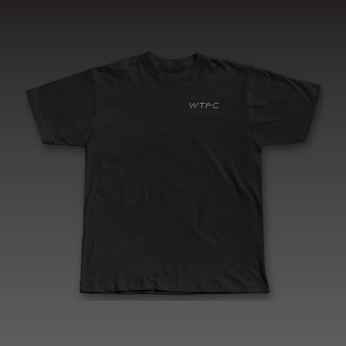 Drone Stack Tee in black, dotted WTFC on the left chest