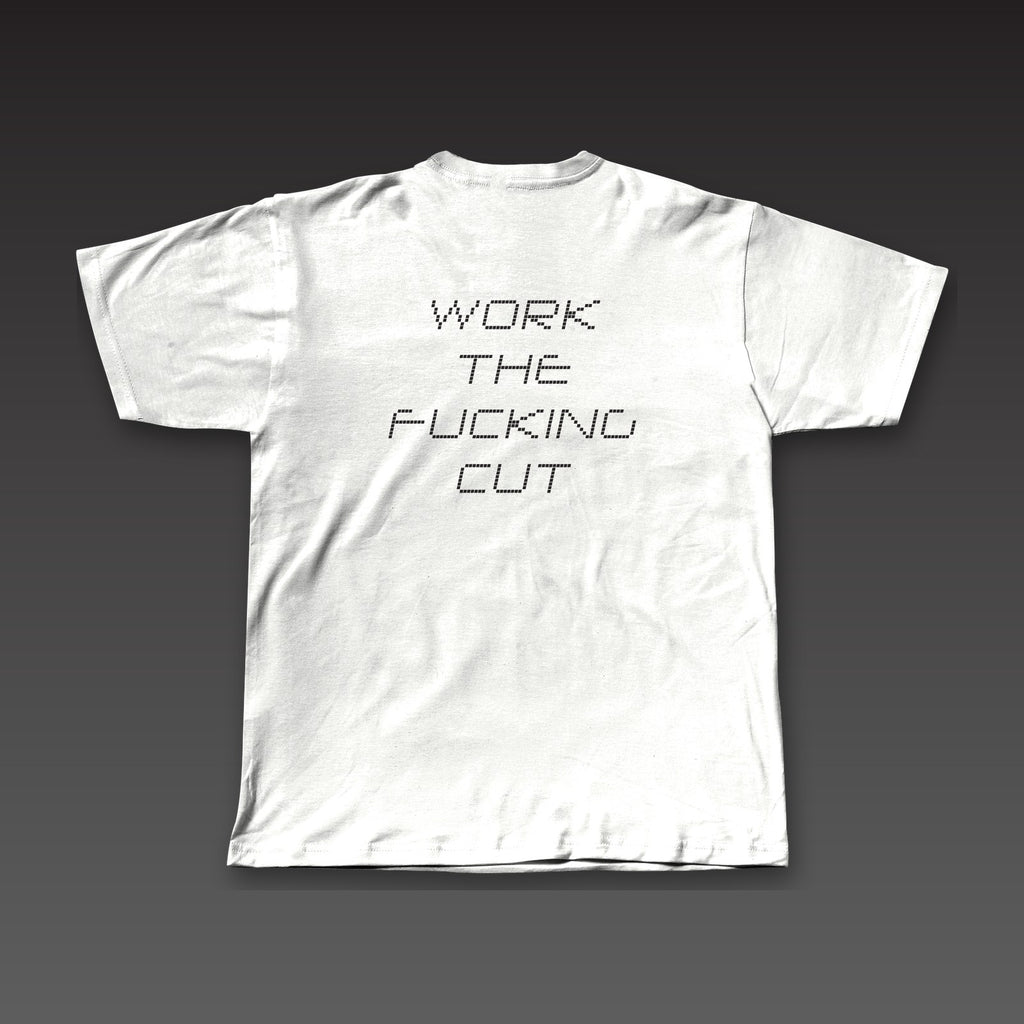 Drone Stack Tee in white, the full phrase stacked in dotted letters across the back