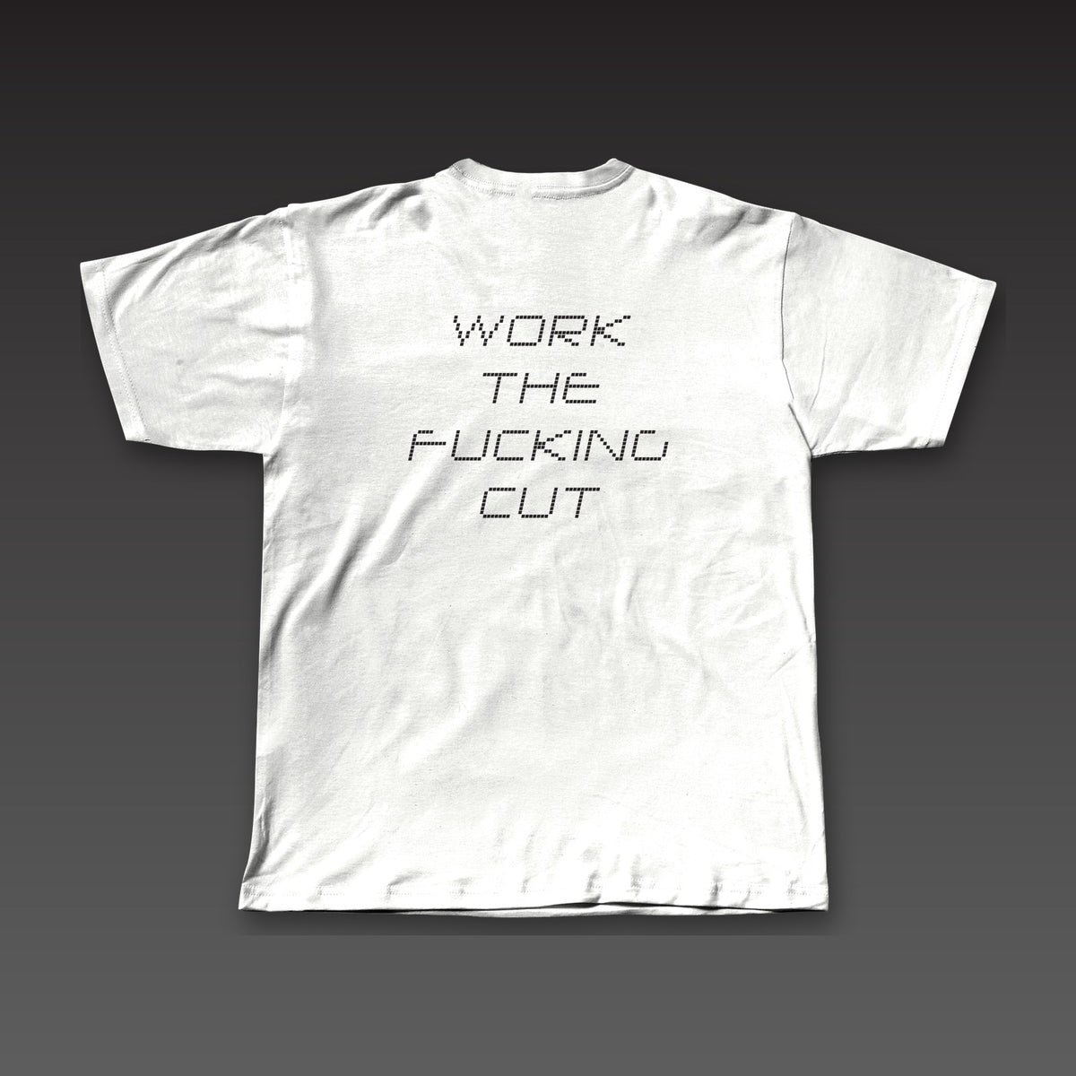 Drone Stack Tee in white, the full phrase stacked in dotted letters across the back