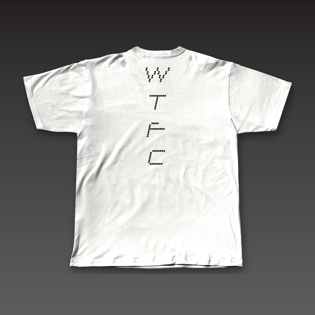 Drone Tee in white, dotted WTFC running down the back
