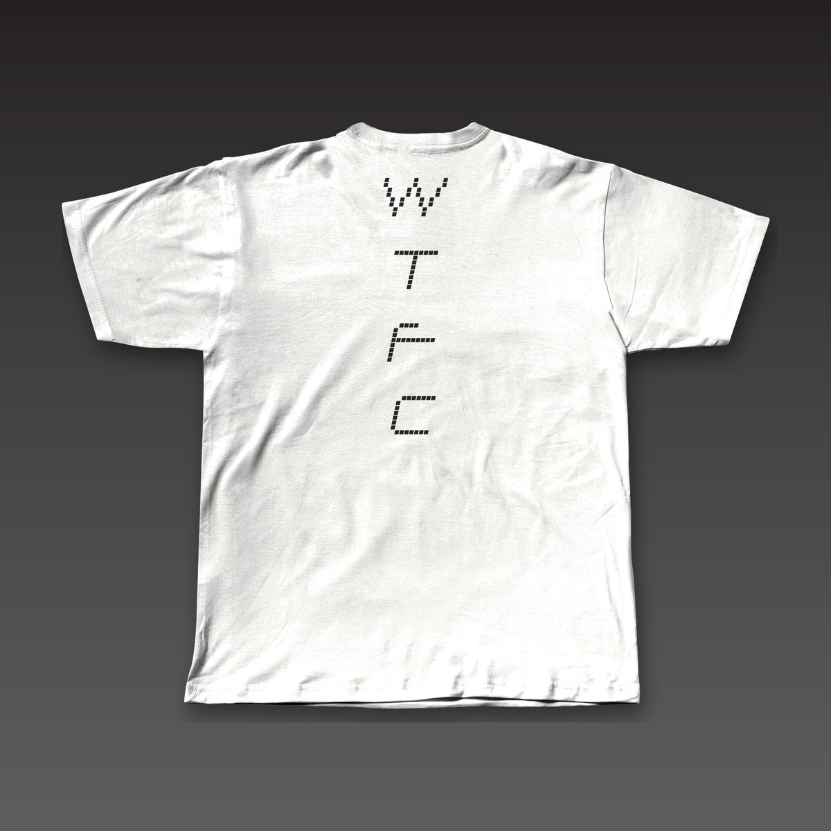 Drone Tee in white, dotted WTFC running down the back