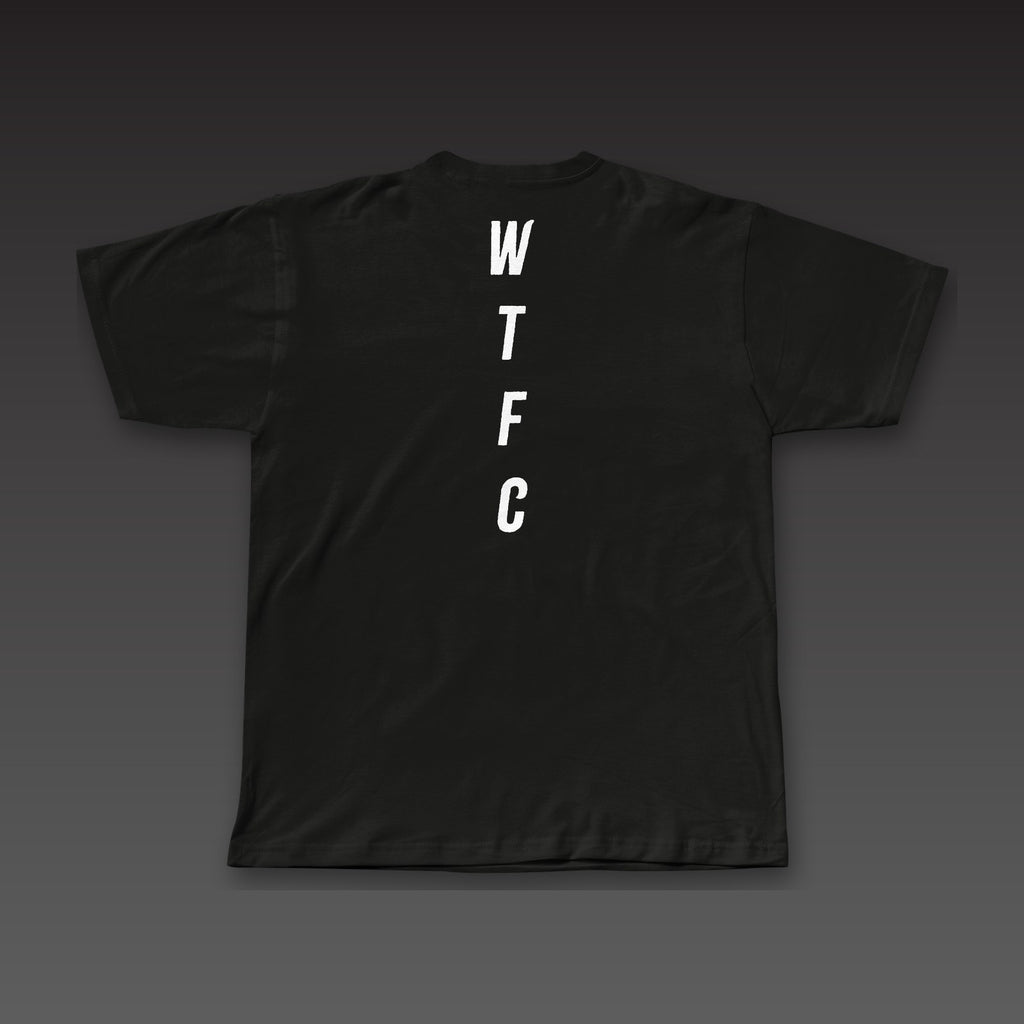 Fine Print Tee in black, WTFC running down the back