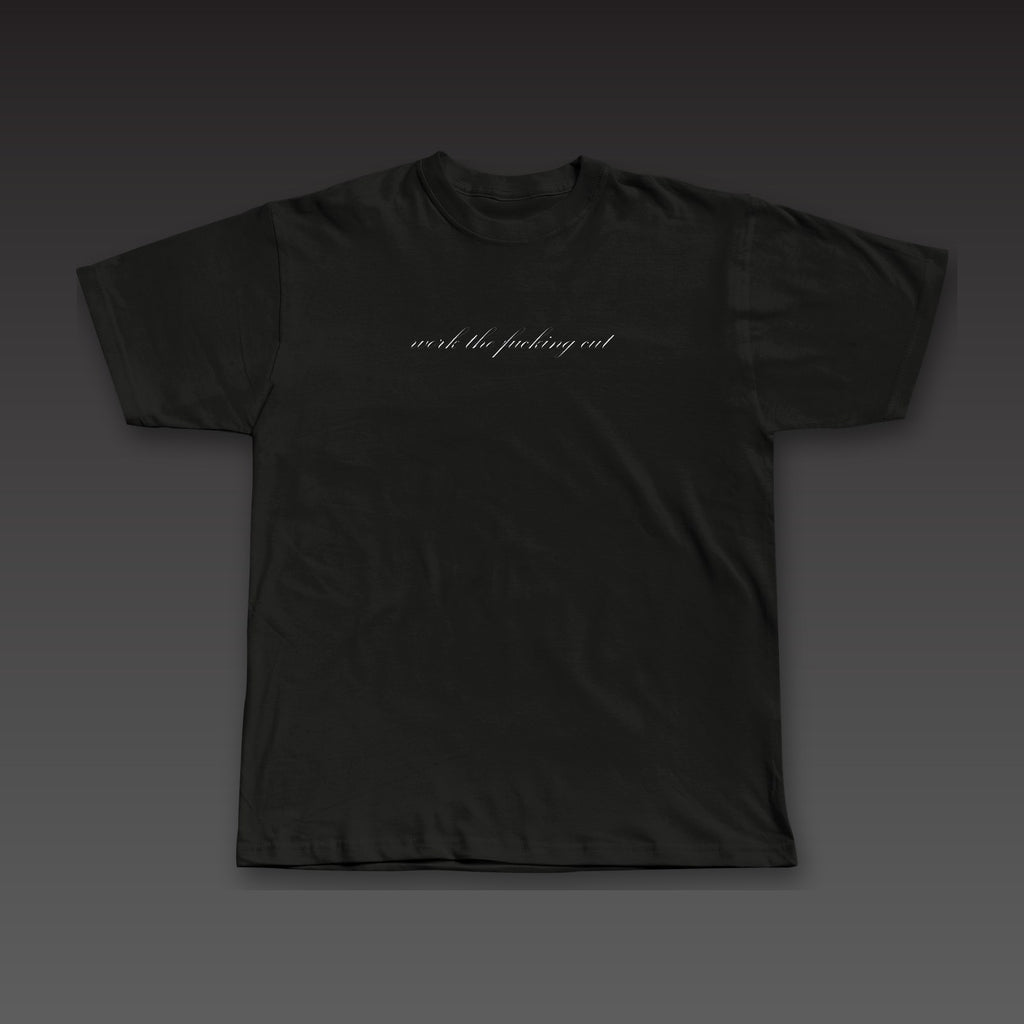 Fine Print Tee in black, the phrase in script across the chest
