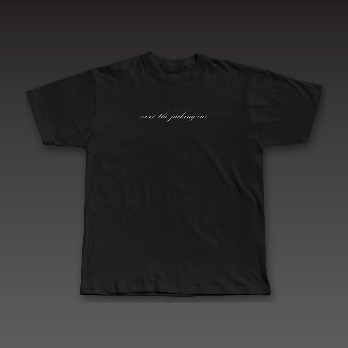 Fine Print Tee in black, the phrase in script across the chest