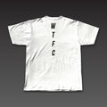 Fine Print Tee in white, WTFC running down the back