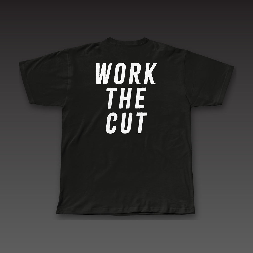 Fist Pocket Tee in black, Work the Cut stacked across the back