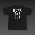 Fist Pocket Tee in black, Work the Cut stacked across the back