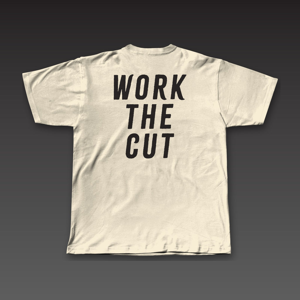 Fist Pocket Tee in oatmeal, Work the Cut stacked across the back
