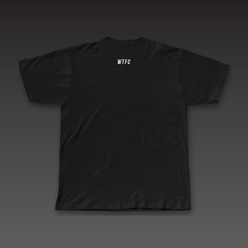 Front and Center Tee in black, a small WTFC below the back collar