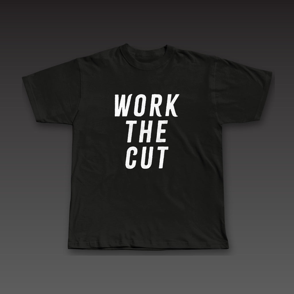 Front and Center Tee in black, Work the Cut stacked down the whole front