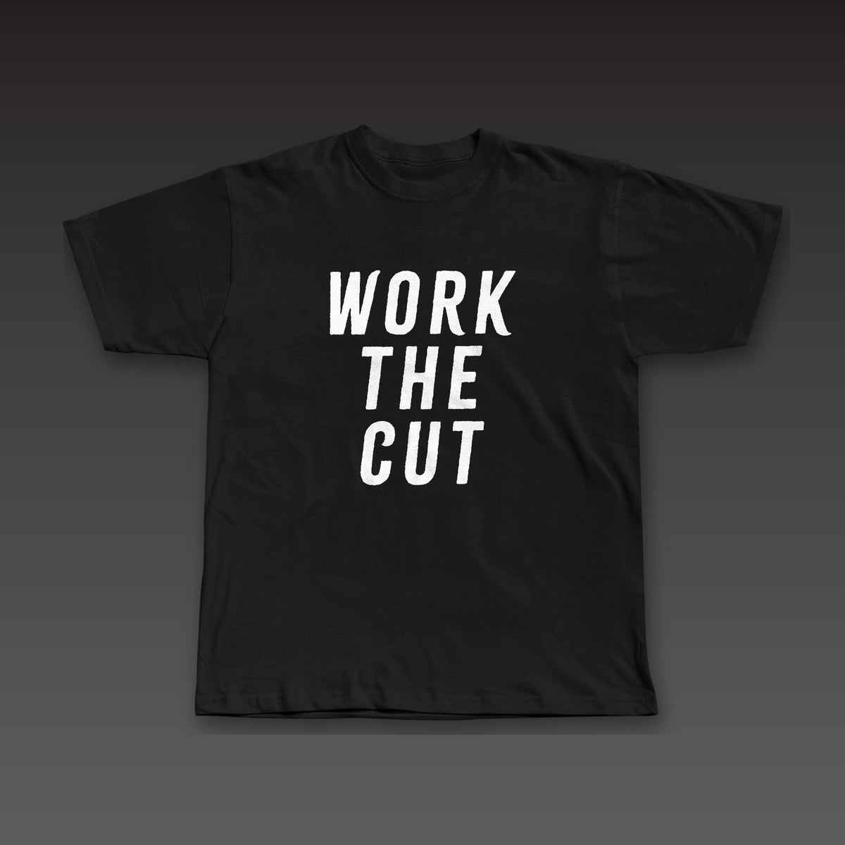 Front and Center Tee in black, Work the Cut stacked down the whole front