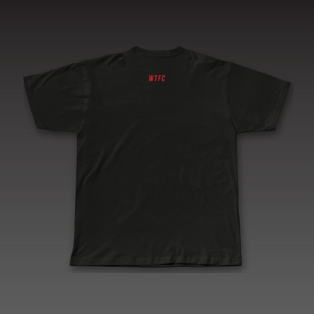 Front and Center Tee in black / red, a small WTFC below the back collar