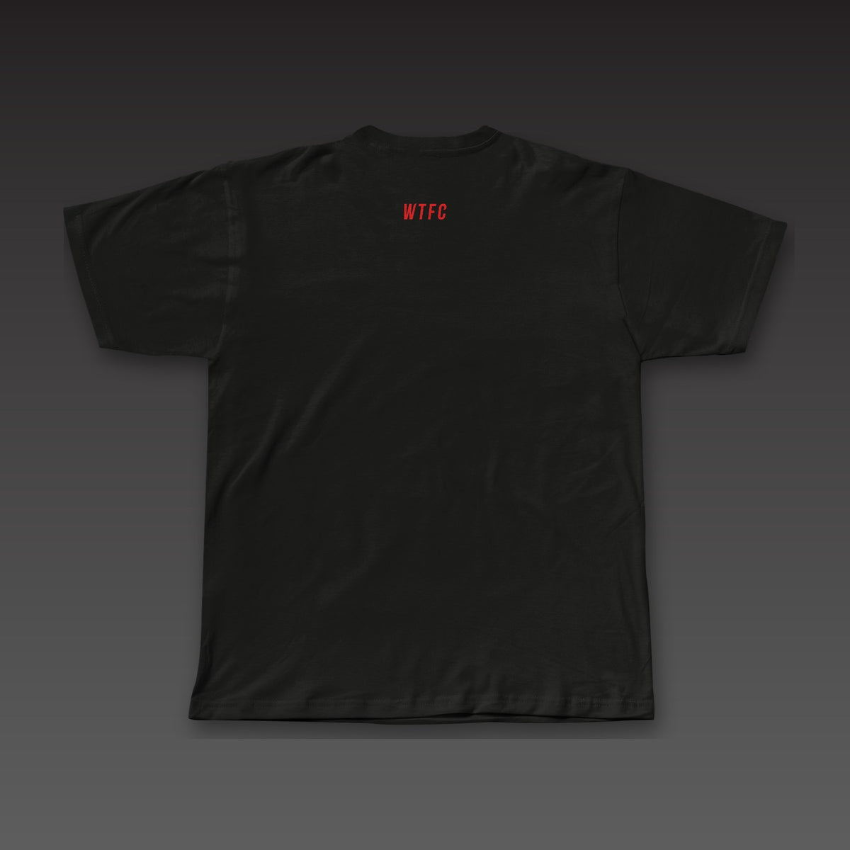 Front and Center Tee in black / red, a small WTFC below the back collar
