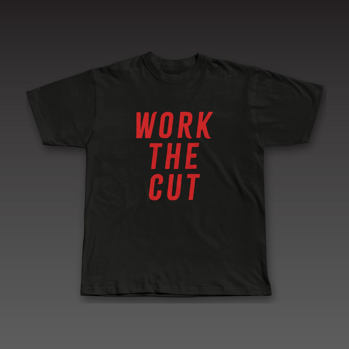 Front and Center Tee in black / red, Work the Cut stacked down the whole front