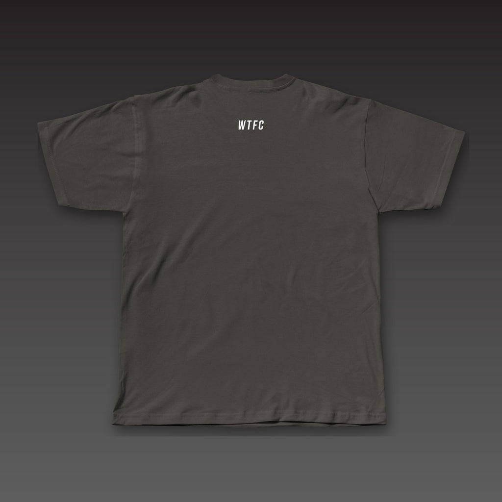 Front and Center Tee in charcoal black, a small WTFC below the back collar