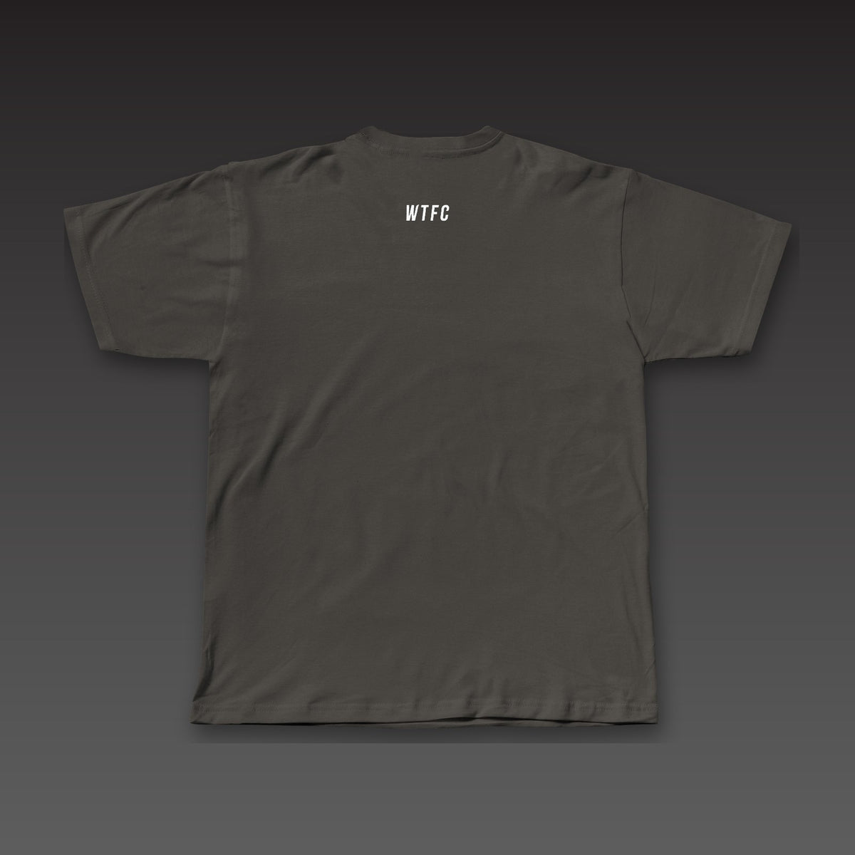 Front and Center Tee in charcoal black, a small WTFC below the back collar