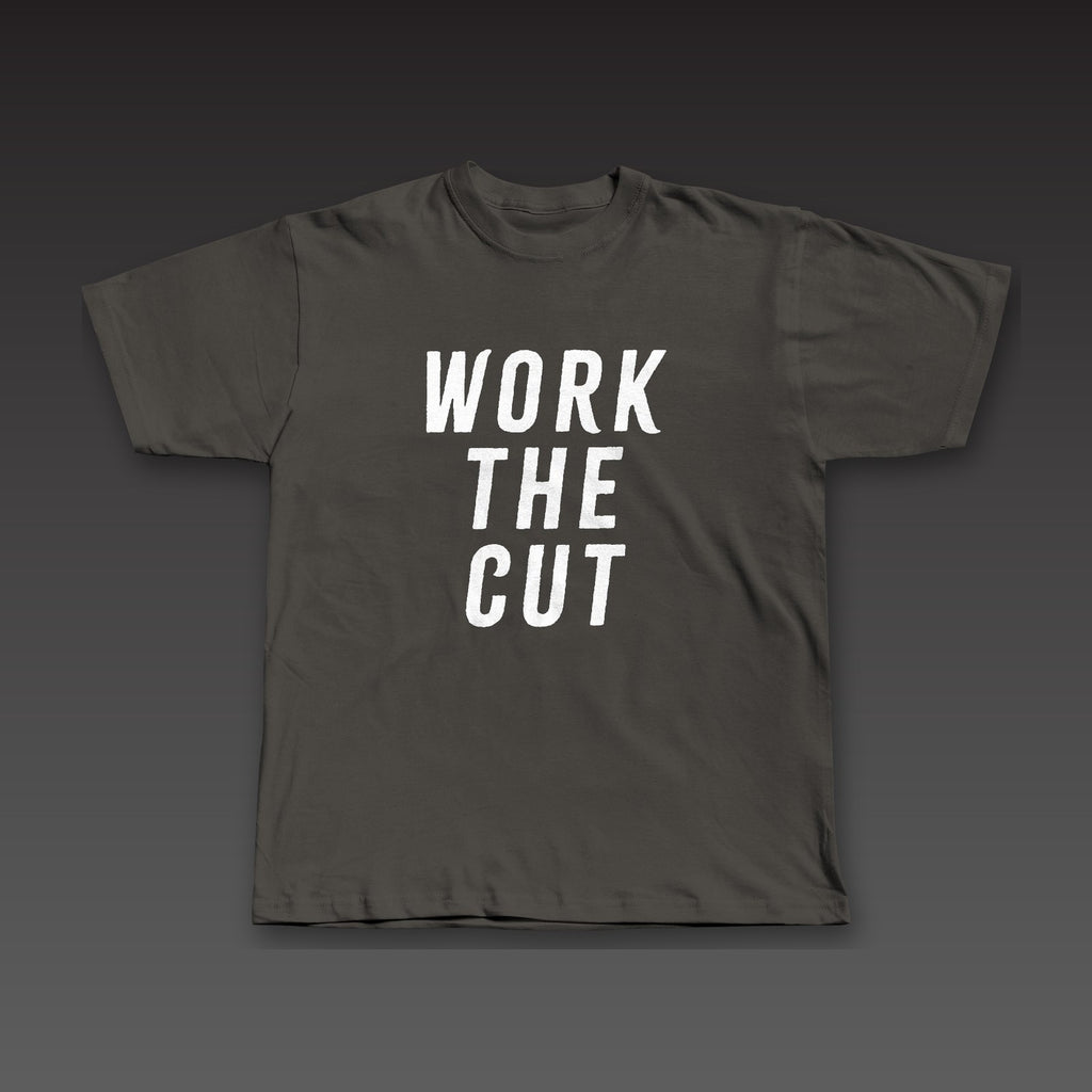 Front and Center Tee in charcoal black, Work the Cut stacked down the whole front