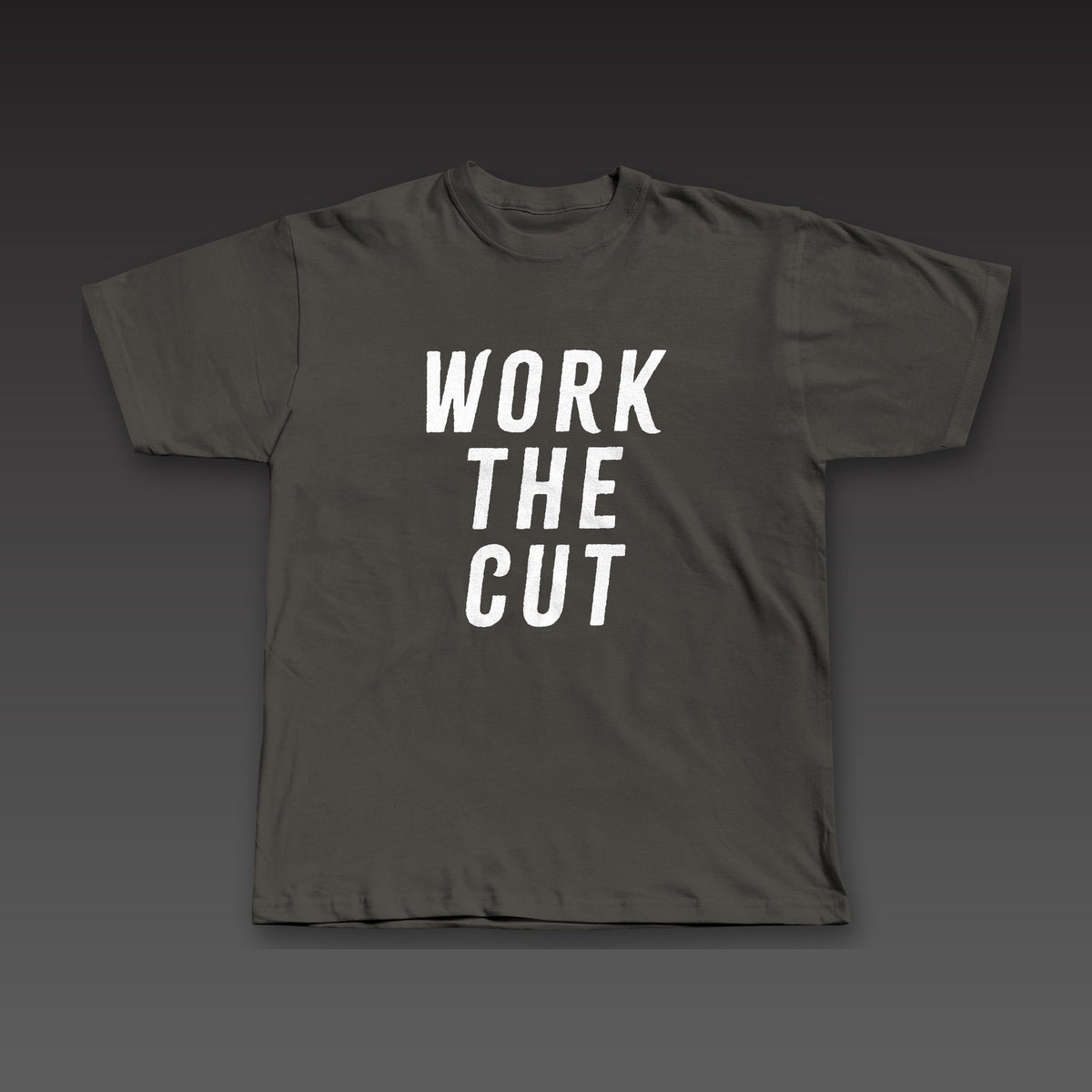 Front and Center Tee in charcoal black, Work the Cut stacked down the whole front