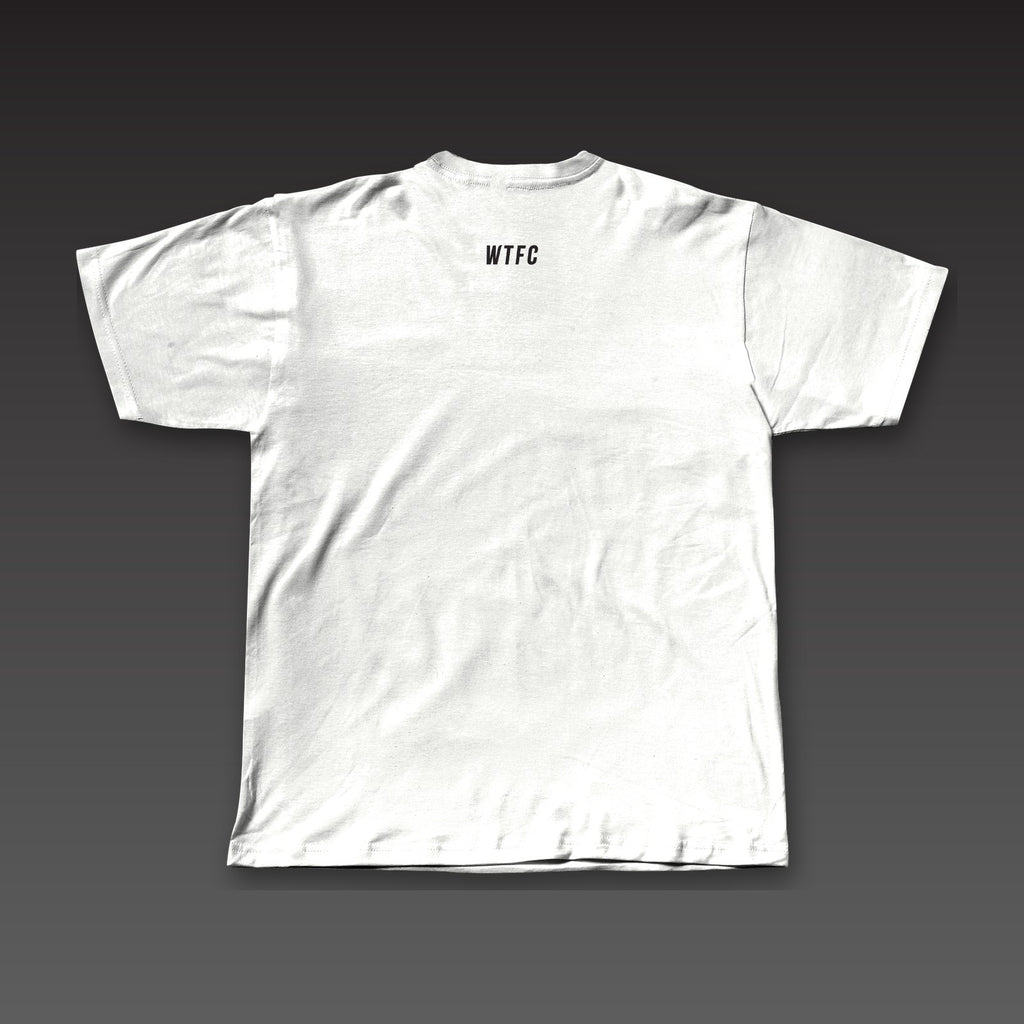 Front and Center Tee in white, a small WTFC below the back collar