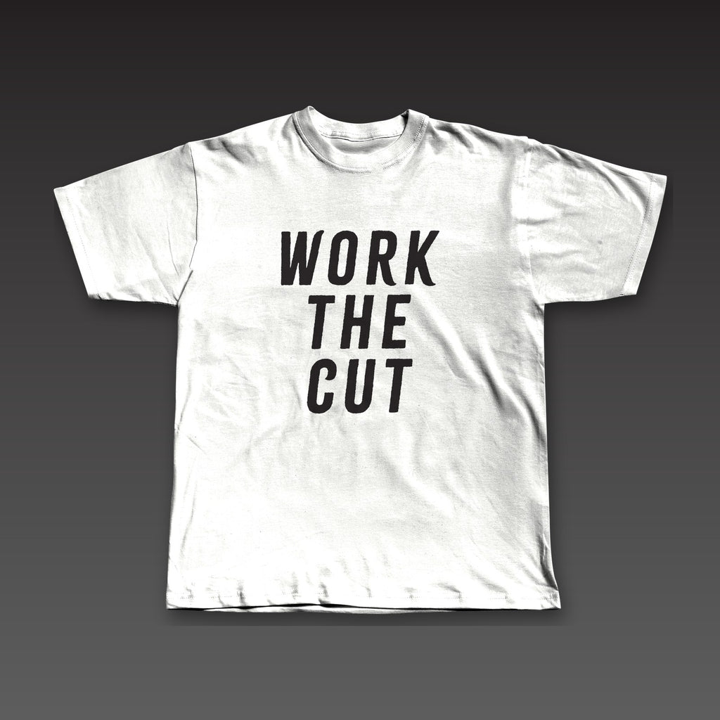 Front and Center Tee in white, Work the Cut stacked down the whole front