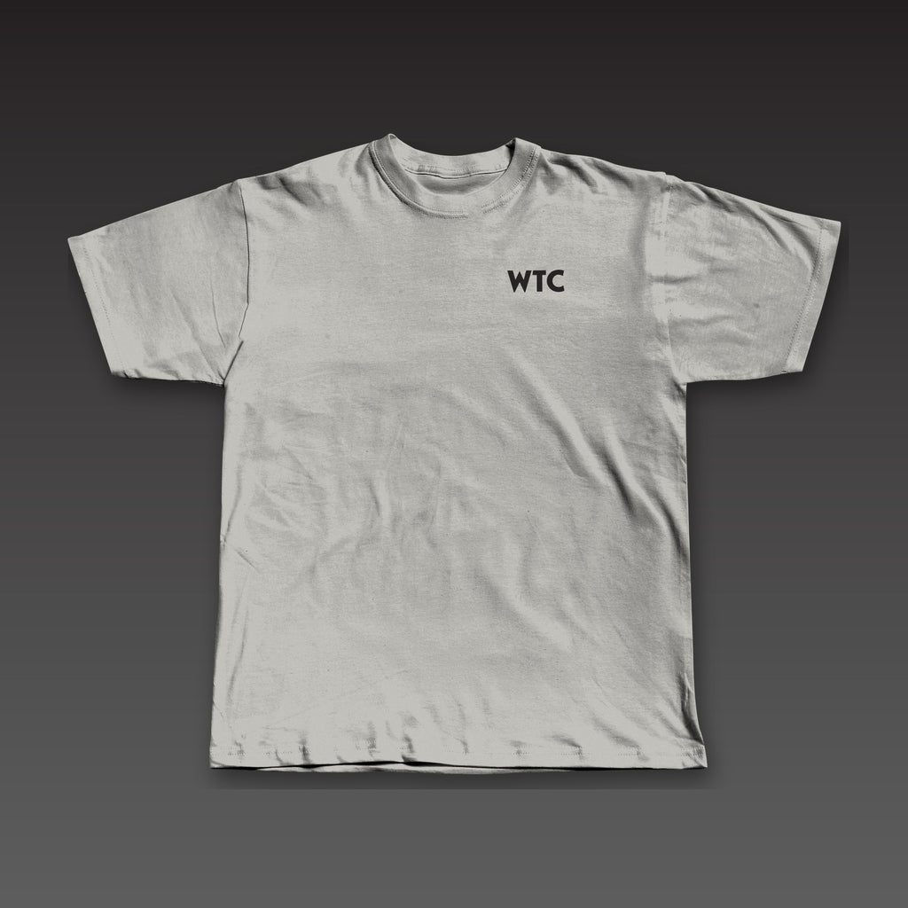 Geometric Tee in athletic grey, geometric WTC on the left chest
